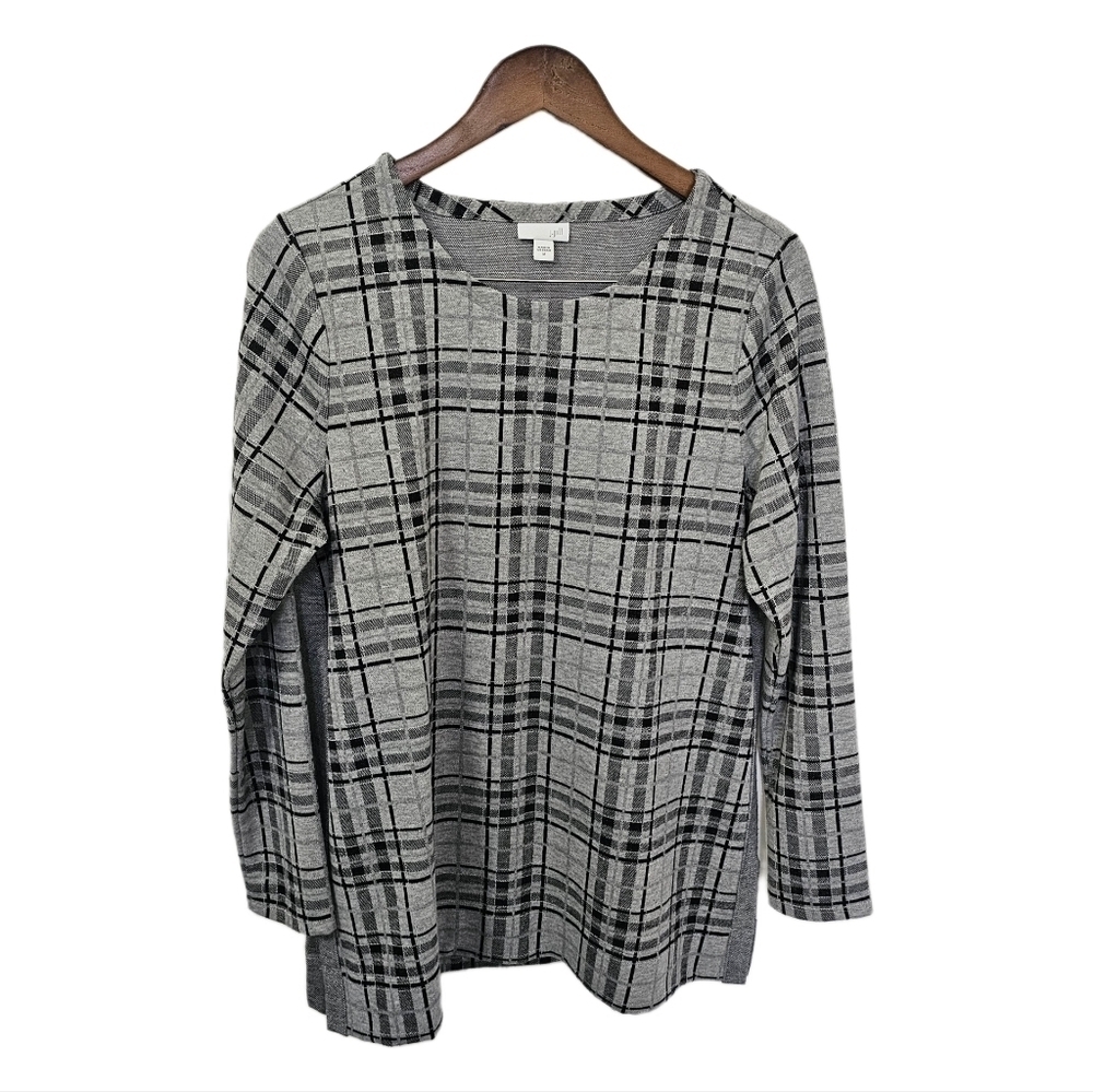 J.Jill heritage plaid sweater round neck long sleeve grey size medium